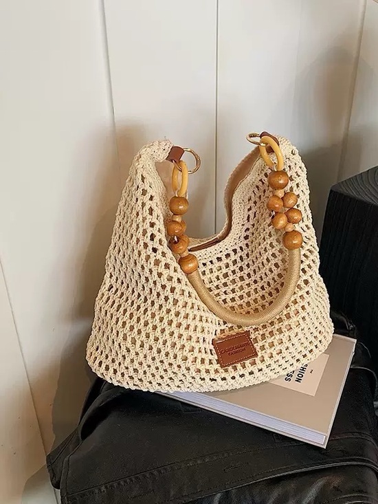 Handbags - Cream Crochet Hobo Bag with Wooden Bead Handle
